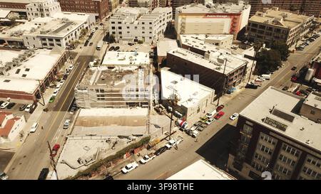 Aerial view of an urban area with closely packed buildings and streets under bright daylight, DTLA, Arts District, Los Angeles, CaliforniaUK Stock Photo