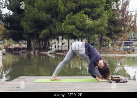 A young Asian woman performs a downward dog yoga pose on a green mat by a serene lake surrounded by trees Stock Photo