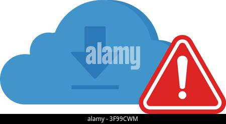 A flat design icon showing a blue cloud download symbol with a red warning triangle indicating a system error. Stock Illustration. Stock Vector