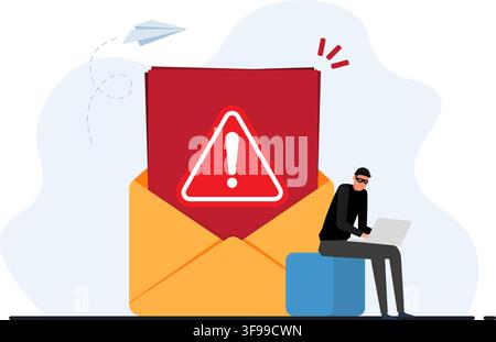 Vector illustration of a hacker stealing data from a warning email envelope, symbolizing cyber security and phishing. Stock Illustration. Stock Vector