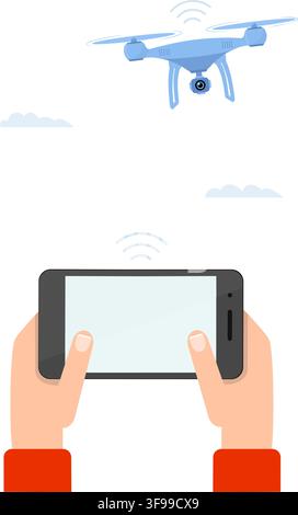 Vector illustration of a hand holding a mobile phone to operate a flying camera drone with a blank white screen. Stock illustration. Stock Vector