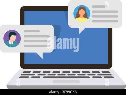 Minimal flat design of laptop screen showing two users exchanging messages in chat bubbles, representing online communication. Stock Illustration. Stock Vector