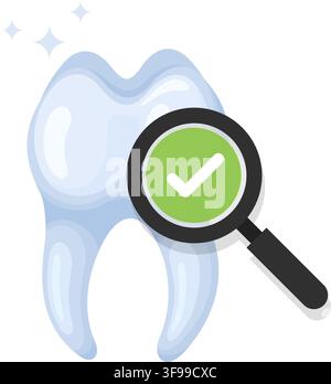 Vector illustration of a clean human tooth being examined with a magnifying glass to symbolize dental health checkups. Stock Illustration. Stock Vector
