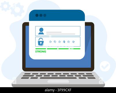 Flat vector illustration of a computer showing a secure user login interface with a strong password strength indicator. Stock Illustration. Stock Vector