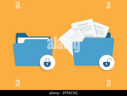 Flat vector icons showing a locked blue folder and an open folder with documents representing data privacy and access. Stock illustration: Stock Vector