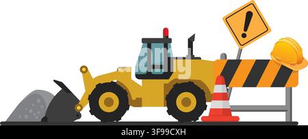 Flat vector illustration of a loader tractor, safety cone, and warning sign at a construction site work zone. Stock illustration. Stock Vector
