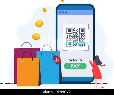 A stock illustration depicting a woman using her phone's camera to scan a QR code for mobile payments. Stock Vector