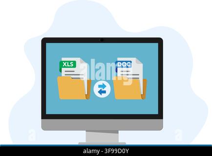 Flat design showing XLS and DOC files in folders with arrows indicating document conversion and data exchange process. Stock illustration. Stock Vector