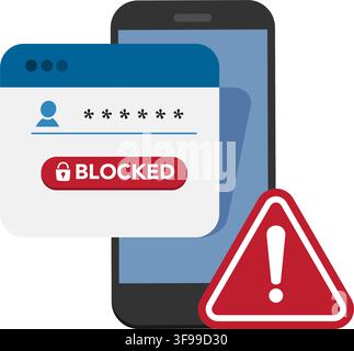 Vector illustration of a mobile phone showing a blocked login attempt with a red security alert warning sign. Stock illustration. Stock Vector