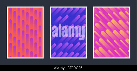 Set of abstract vibrant gradient vector poster templates with dynamic rounded vertical and diagonal stripes pattern and modern cover design Stock Vector