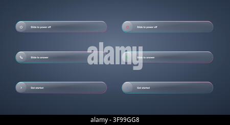 Set of modern frosted dark glassmorphism swipe sliders UI elements with slide to power off unlock buttons and mobile app interface template Stock Vector