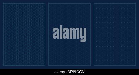 Set of abstract dark blue vector blueprint poster templates with isometric grid line patterns architectural drafting and tech background Stock Vector