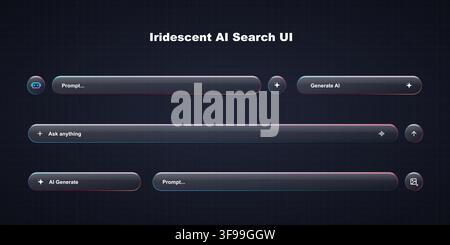 Set of modern dark iridescent AI search bar UI elements with volumetric prompt input boxes neon glow buttons and web interface template Stock Vector