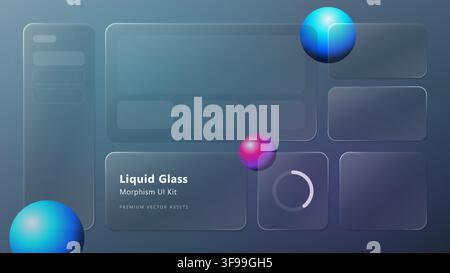 Modern dark glassmorphism dashboard UI kit template with floating translucent glass cards and colorful 3D spheres on gradient background Stock Vector