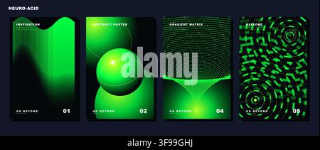 Set of abstract futuristic neon green vector poster templates with 3D glossy spheres particle matrix vortex and techno flyer design Stock Vector