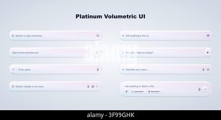 Set of modern volumetric platinum search bar UI elements with AI prompt input boxes claymorphism buttons and clean web interface template Stock Vector