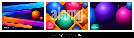 Set of abstract colorful 3D vector horizontal banner templates with glossy floating spheres rounded diamond tiles glowing tubes and sparkles Stock Vector