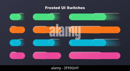 Set of modern frosted glassmorphism toggle switches UI elements with colorful sliders swipe buttons and dark app interface template Stock Vector