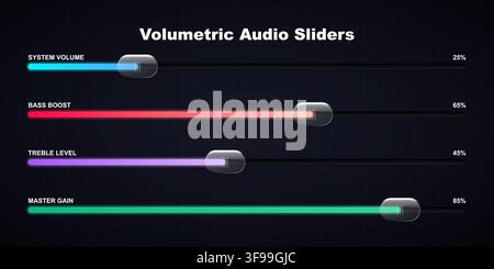 Modern dark glassmorphism volumetric audio sliders UI elements with glowing neon equalizer controls volume bar and app interface template Stock Vector