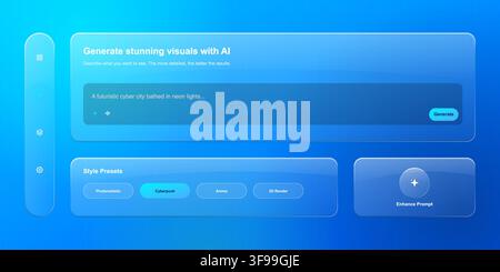 Set of modern glassmorphism AI prompt generator dashboard UI elements with frosted glass cards sidebar and blue gradient background Stock Vector