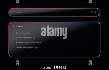 Set of modern dark glassmorphism search bar UI elements with glowing rainbow neon borders dropdown suggestions and app interface template Stock Vector
