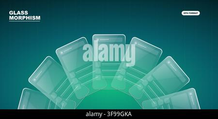 Modern frosted glassmorphism mobile app screen mockups arranged in radial fan with transparent glass UI cards and teal gradient background Stock Vector