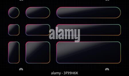 Set of modern dark glassmorphism UI buttons with glowing rainbow neon gradient borders glossy acrylic cards and app interface template Stock Vector