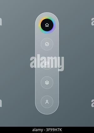 Modern vertical frosted glassmorphism navigation menu bar UI element with glowing rainbow active home button and minimalist app dock template Stock Vector