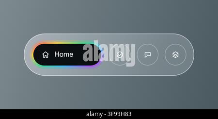 Modern frosted glassmorphism navigation menu bar UI element with glowing rainbow active home button and minimalist app dock template Stock Vector