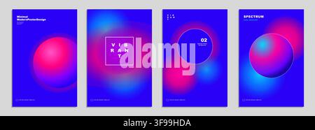 Set of abstract vibrant gradient vector poster templates with glowing neon aura spheres blur circles and modern Swiss typography layout Stock Vector