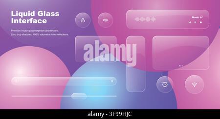 Set of modern liquid glass interface UI elements with frosted glassmorphism vector cards buttons and colorful gradient background Stock Vector