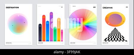 Set of abstract modern vector poster templates with colorful gradient aura rainbow color wheel checkerboard and Swiss typography layout Stock Vector