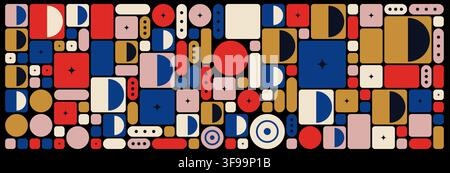 Abstract colorful geometric vector horizontal banner template with Bauhaus mosaic grid mid century modern shapes and retro pattern Stock Vector