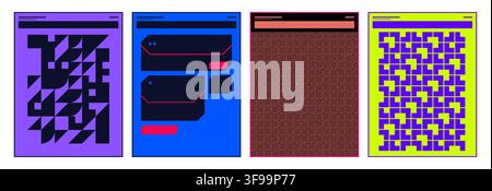 Set of abstract neo brutalist vector poster templates with futuristic UI panels geometric patterns and modern Swiss layout Stock Vector