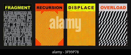 Set of abstract geometric op art vector poster templates with optical illusion glitch line patterns and bold Swiss typography layout Stock Vector
