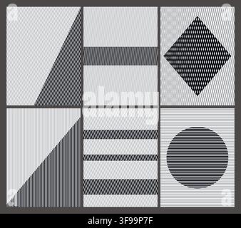 Set of abstract monochrome geometric op art vector poster templates with optical illusion line patterns moire textures and minimal cover layout Stock Vector