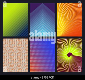 Set of abstract geometric vector poster backgrounds with optical illusion line patterns vibrant gradients and modern cover layout Stock Vector