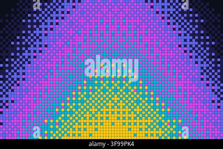 Futuristic abstract vector horizontal banner template with glowing neon radial pixel mosaic grid gradient and retro synthwave background Stock Vector