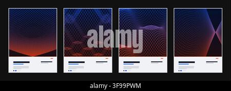 Set of abstract futuristic vector poster templates with 3D parametric wireframe mesh grids glowing gradients and modern Swiss typography layout Stock Vector