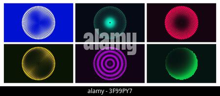 Set of abstract glowing radial sunburst vector horizontal banner templates with optical illusion circular spokes and neon gradient backgrounds Stock Vector