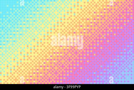 Abstract pastel rainbow pixel mosaic vector horizontal background with diagonal halftone grid gradient and retro 8-bit digital pattern Stock Vector