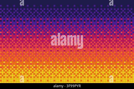 Abstract sunset pixel mosaic vector horizontal background with vibrant neon gradient halftone grid and retro 8-bit digital pattern Stock Vector