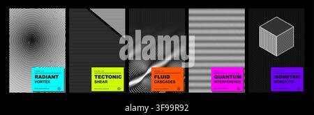 Set of abstract monochrome geometric vector poster templates with optical illusion line patterns neon labels and 3D isometric cube layout Stock Vector