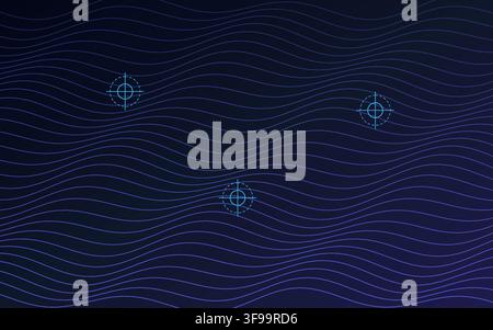 Futuristic abstract vector horizontal banner template with glowing neon radar crosshair targets wavy lines and ocean sonar depth background Stock Vector