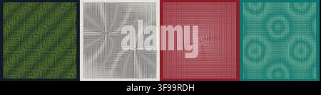 Set of abstract geometric vector backgrounds with optical illusion moire wave patterns halftone grid textures and generative line art Stock Vector