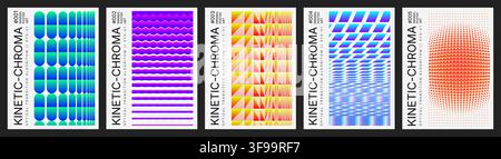 Set of modern kinetic chroma vector poster templates with vibrant optical illusion geometric patterns and Swiss typography layout Stock Vector
