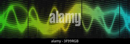 Futuristic digital sound wave vector horizontal banner template with glowing audio equalizer neon frequency spectrum and glitch grid layout Stock Vector