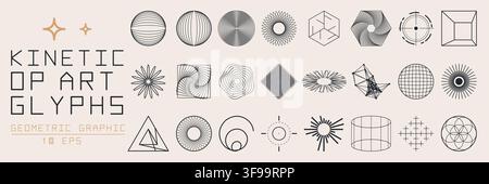 Set of kinetic op art glyphs and geometric line symbols with optical illusion wireframe shapes for modern graphic branding design Stock Vector