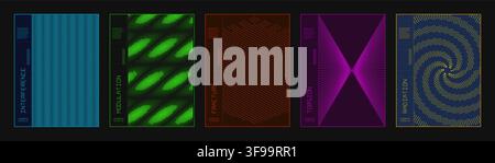 Set of abstract dark futuristic vector poster templates with optical illusion neon line patterns and Swiss typography for modern cover layout Stock Vector