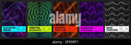 Set of abstract futuristic vector poster templates with 3D parametric wireframe wave mesh and optical illusion lines for modern cover layout Stock Vector